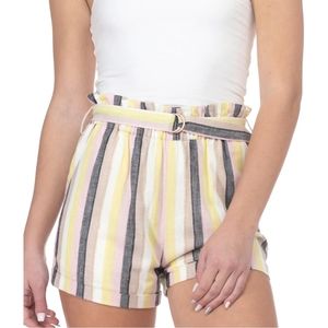 NWT BTFL-Life Striped Linen Shorts Fully Lined Belted Womens Sz L Yellow Pink